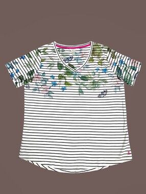 Joules White Black Striped V‑Neck Tee with Floral Print size 14